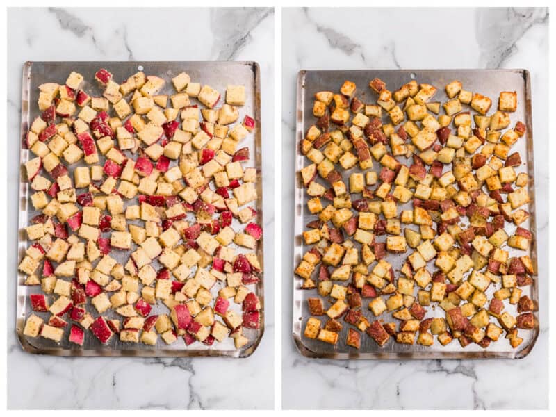 potatoes on the sheet pan before and then after baking
