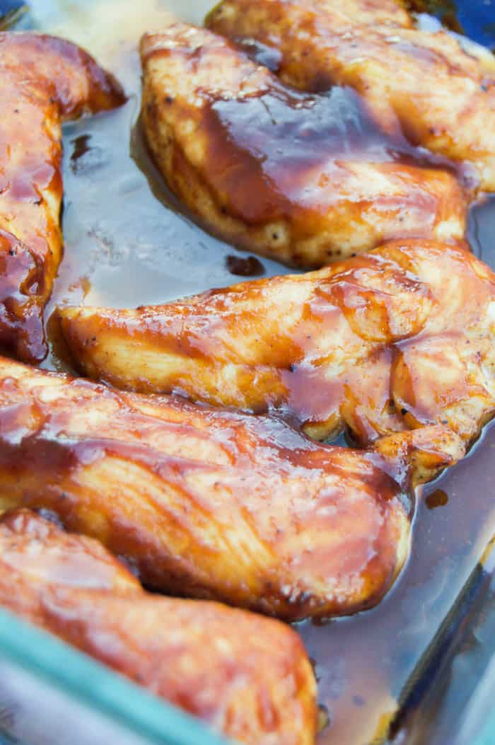 Baked BBQ Chicken Tenders in a caserole dish