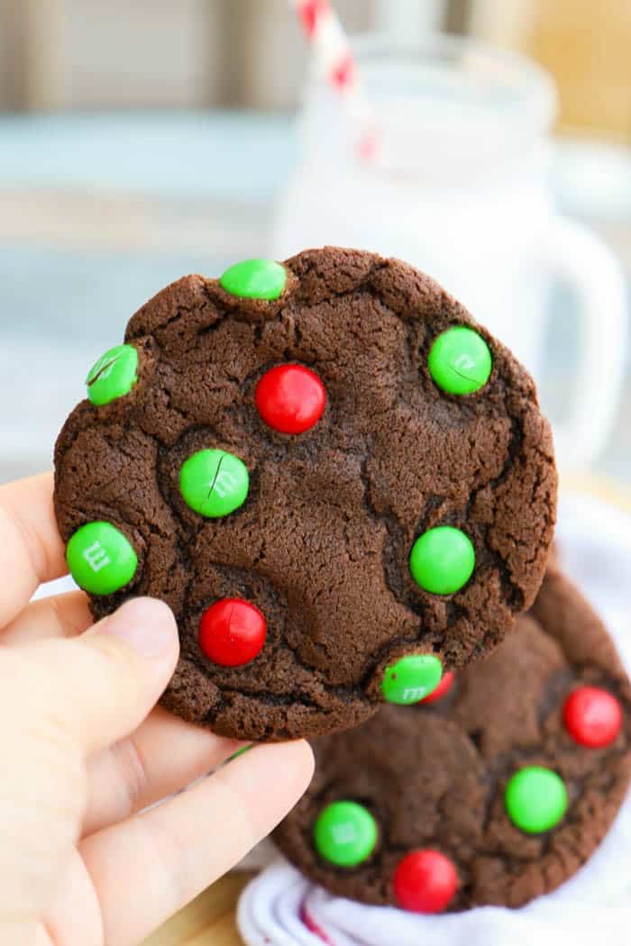 Chocolate M&amp;M Christmas Cookie holding in my hand