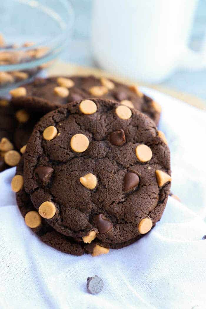 Chocolate Peanut Butter Chip Cookie stacked and closeup picture