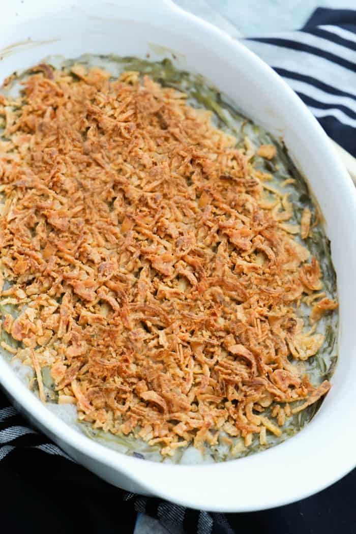 Green Bean Casserole in white casserole dish