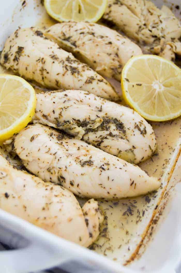 Lemon Garlic Chicken Tenders in a white casserole dish