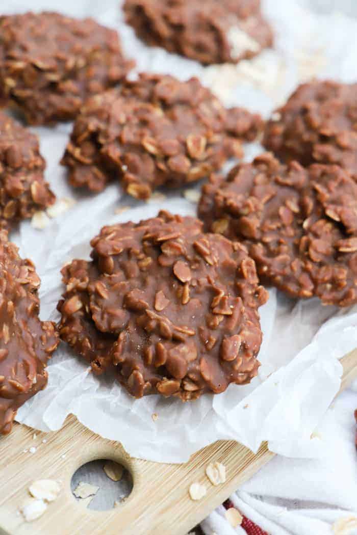no-bake cookies on paper on wood cutting board