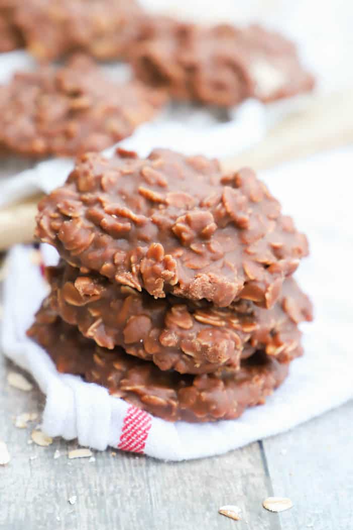no-bake cookies stacked on top of towel on table