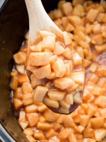 Slow Cooker Apple Pie Filling on a spoon