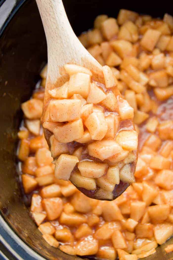 Slow Cooker Apple Pie Filling on a spoon