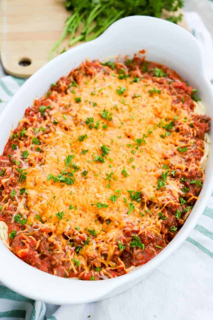 Spaghetti Casserole in white casserole dish.