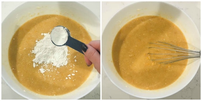 adding more ingredients to bowl for corn pudding