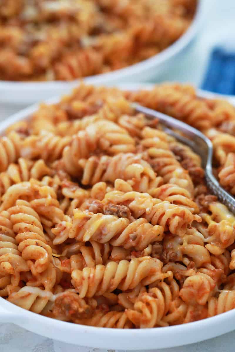 Cheesy Taco Pasta in white bowl