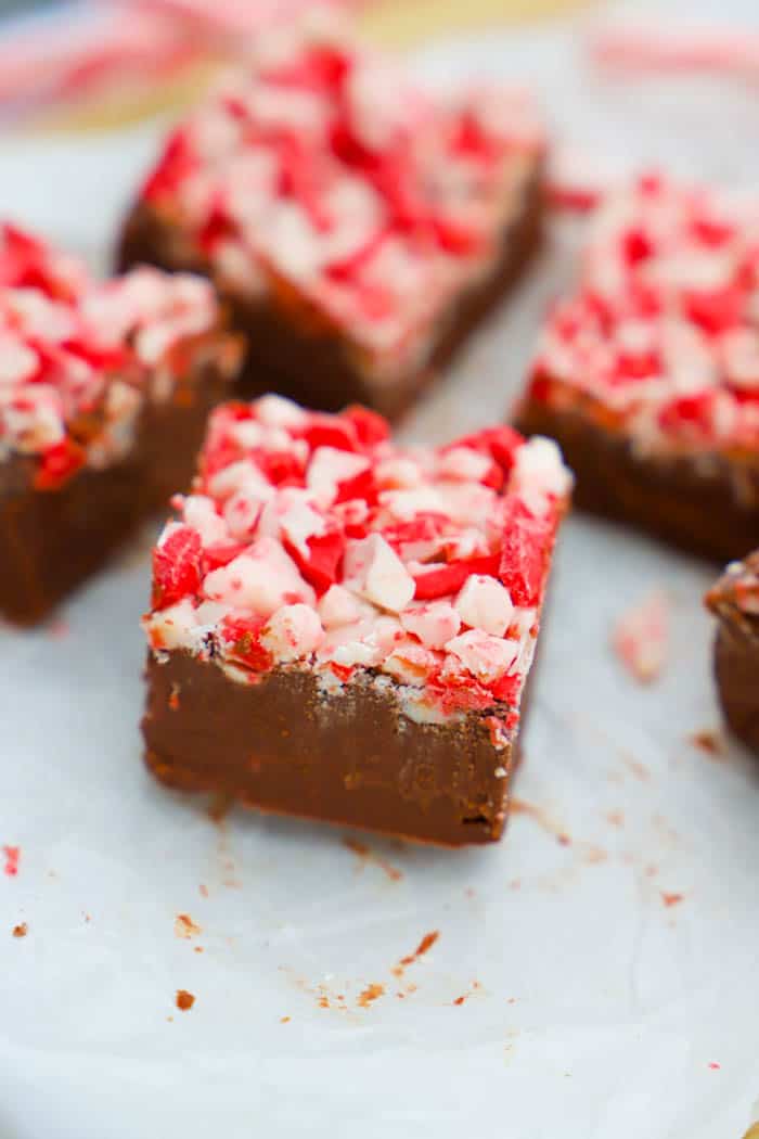 Chocolate Peppermint Fudge on parchment paper