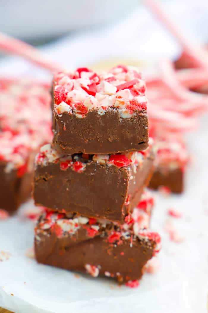 Chocolate Peppermint Fudge stacked on top of each other