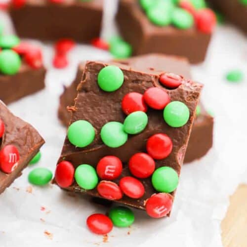 Christmas Fudge sitting on a cutting board