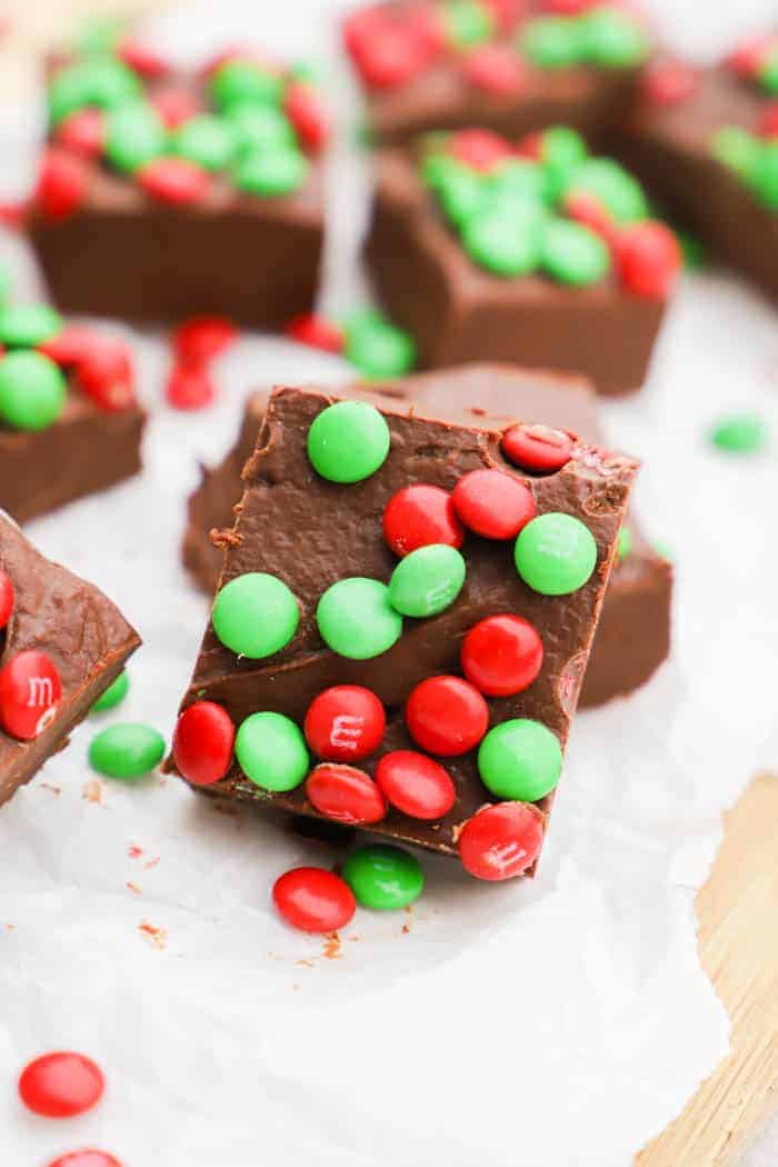 Christmas Fudge sitting on a cutting board