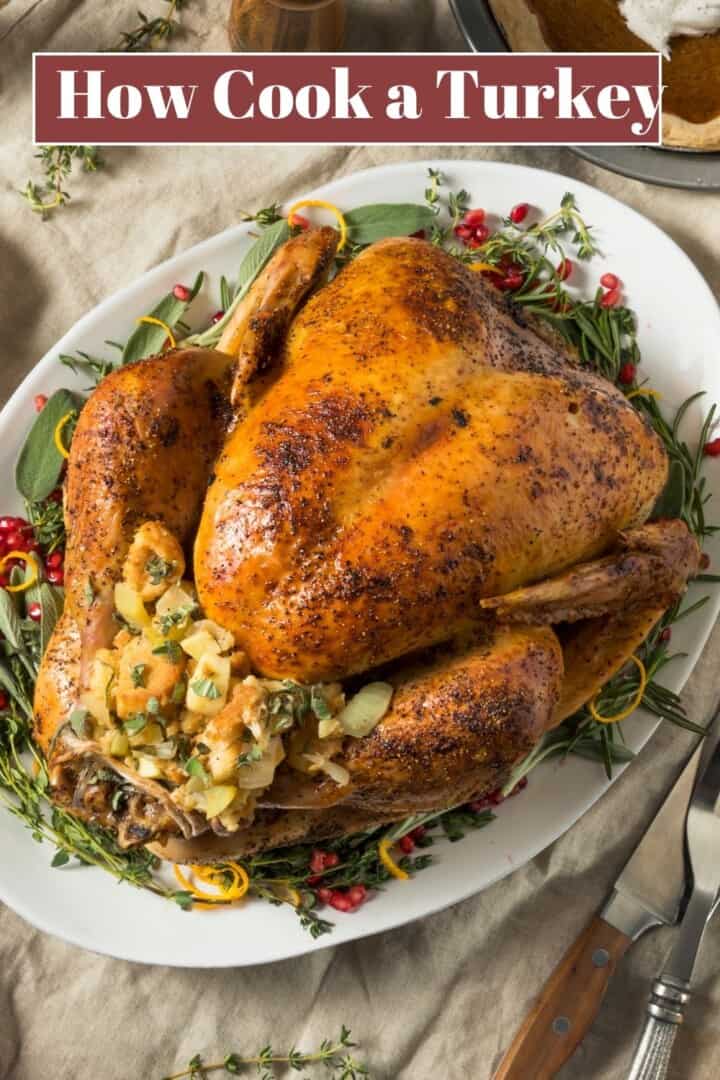 How Cook a Turkey picture with baked turkey on serving platter.