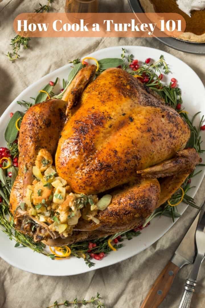 baked turkey on white serving tray with dressing around it.