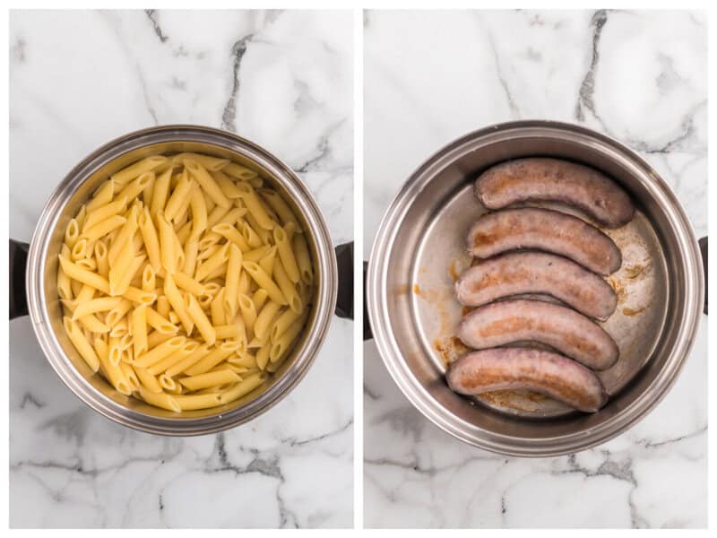 cooking pasta and then sausage in pan separately
