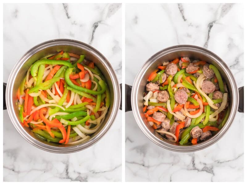 add peppers and onions then diced sausage to the pan