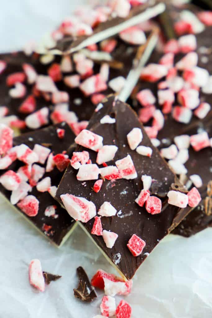 Peppermint Bark closeup on parchment paper.