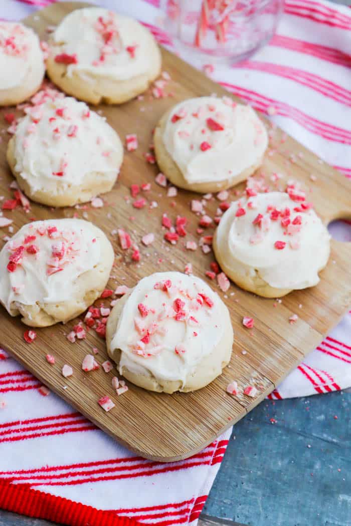 Peppermint Sugar Cookies in a wooden cutting board