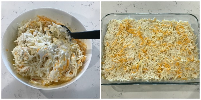 adding mixed ingredient to the casserole dish