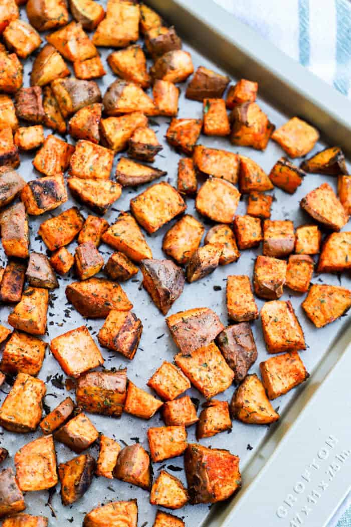 Roasted Sweet Potatoes on baking sheet.