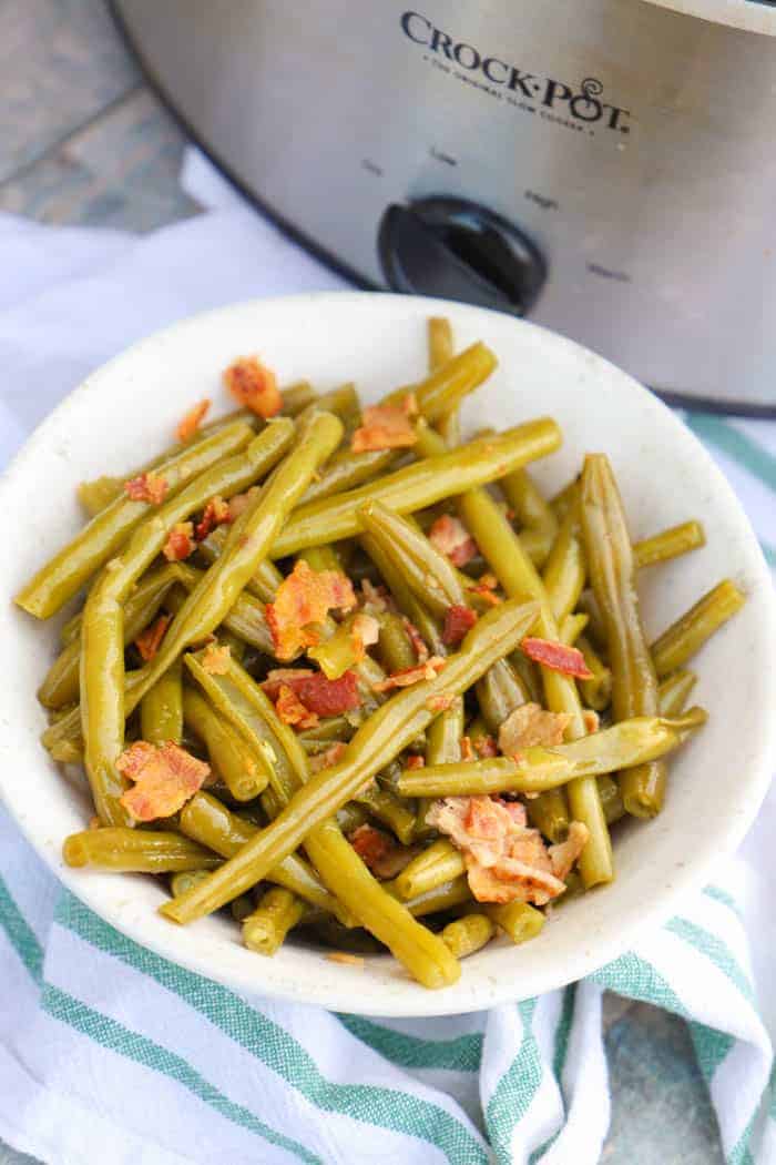 Slow Cooker Green Beans closeup in a white bowl