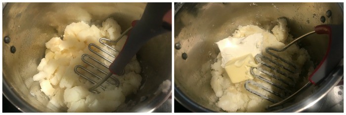 Twice Baked Mashed Potatoes in pot being mashed