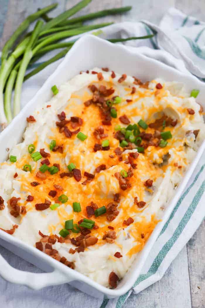 Twice Baked Mashed Potatoes in a casserole dish