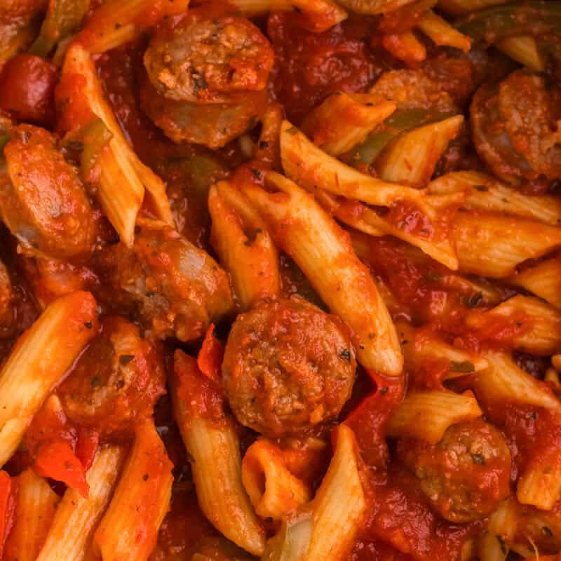 close up image of finished One-Pan Italian Sausage and Peppers Penne