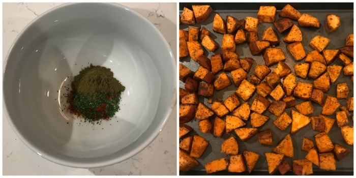 Roasted Sweet Potatoes seasoning being mixed.