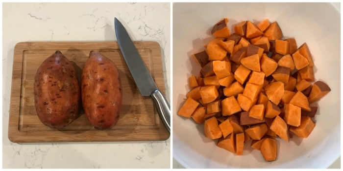 dicing sweet potatoes for roasting.