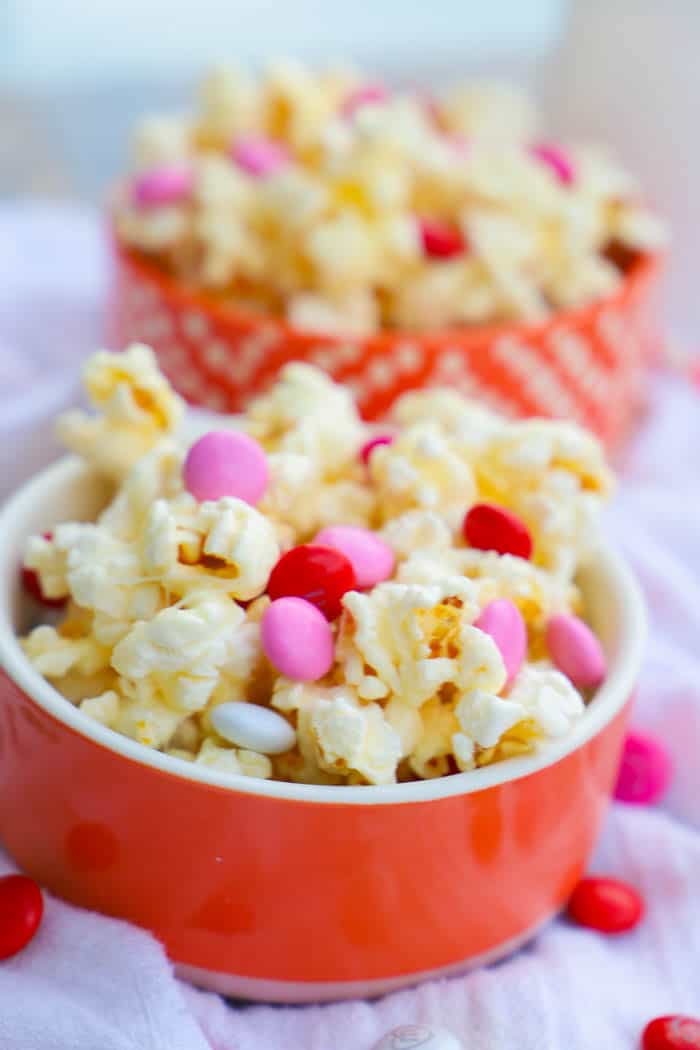 Valentines Day Popcorn closeup in serving bowls.