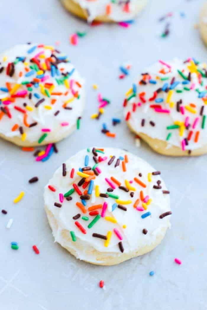 Cream Cheese Sugar Cookies topped with rainbow sprinkles