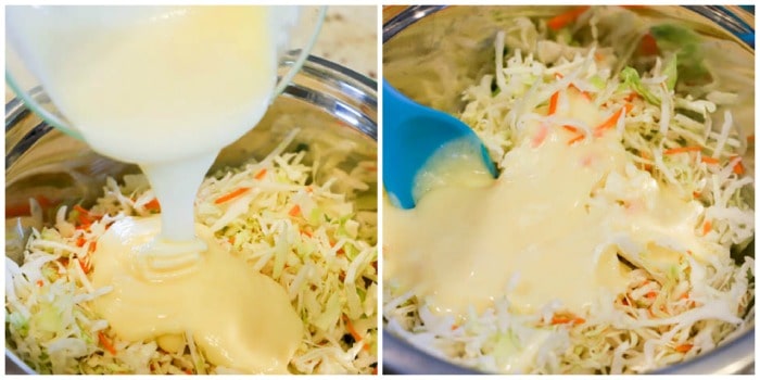 pouring homemade sauce to make Easy Classic Coleslaw with a blue spoon