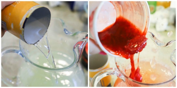 making Strawberry Lemonade in a clear pitcher
