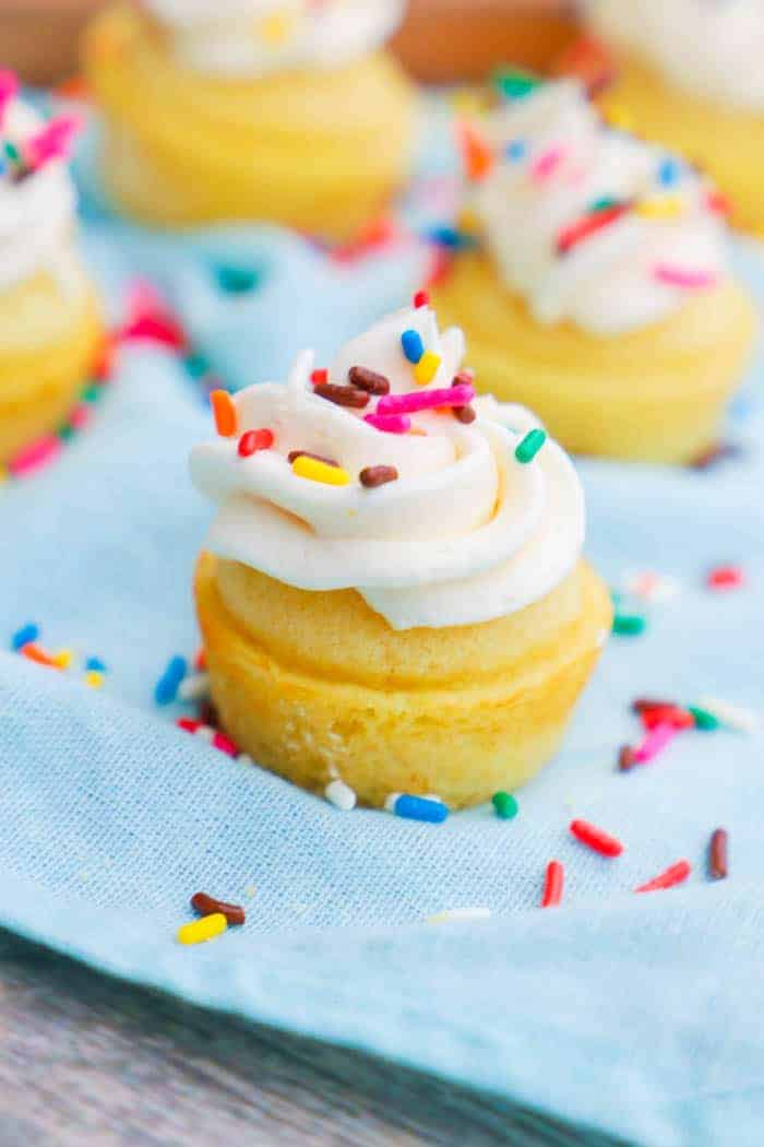 Mini Vanilla Cupcakes on blue towel