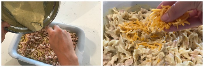 Mixing creamy with casserole and adding cheese