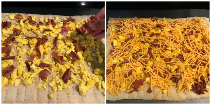 eggs and bacon then cheese being placed on the crust.