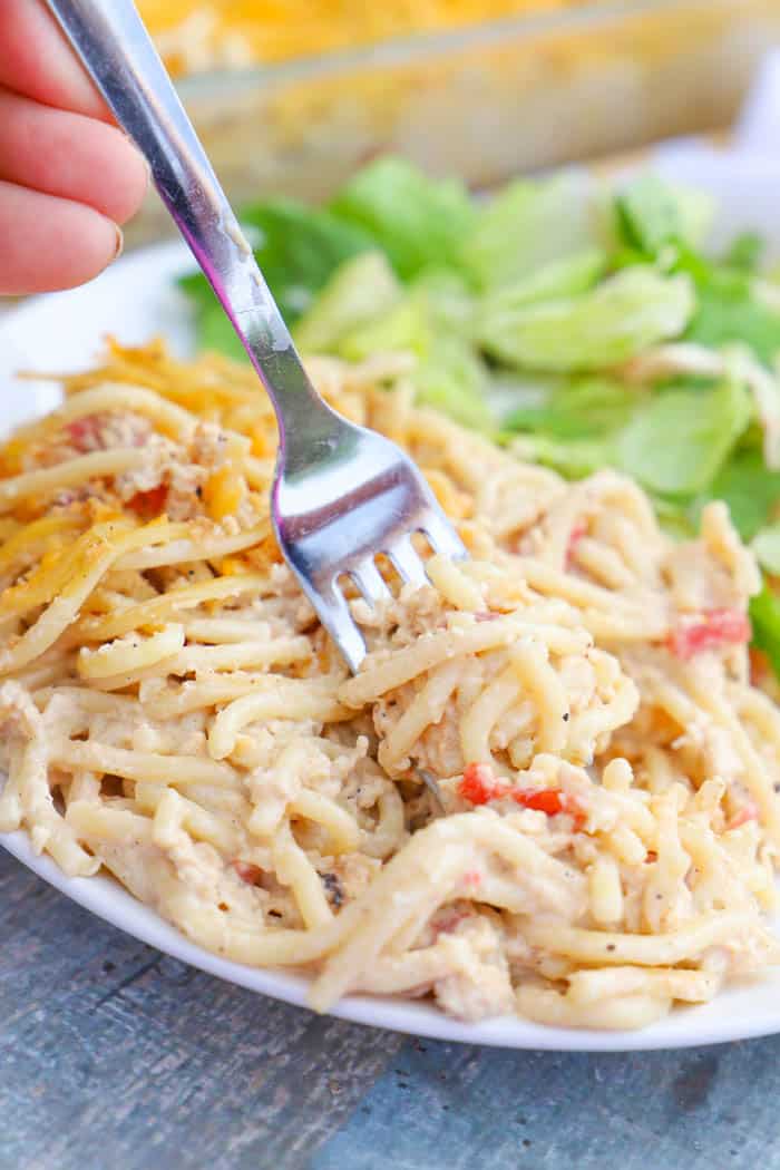 Chicken Spaghetti Casserole being picked up with a fork
