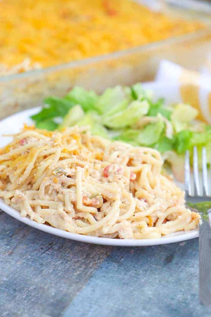 Chicken Spaghetti Casserole with a fork