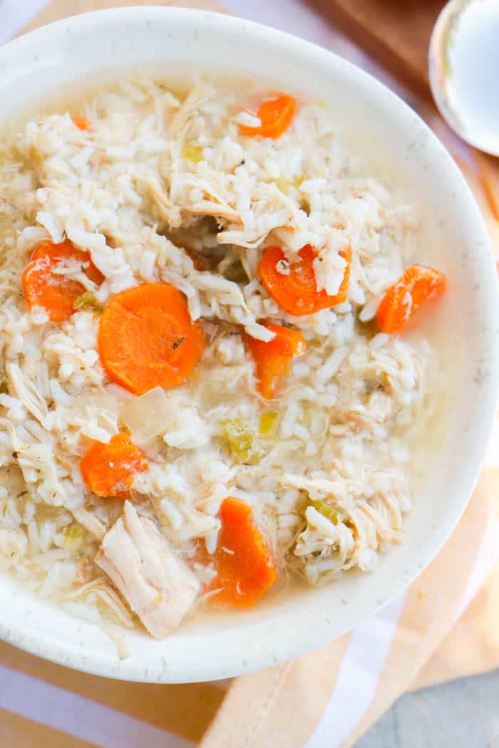 Top view of Crock-Pot Chicken and Rice Soup in a bowl