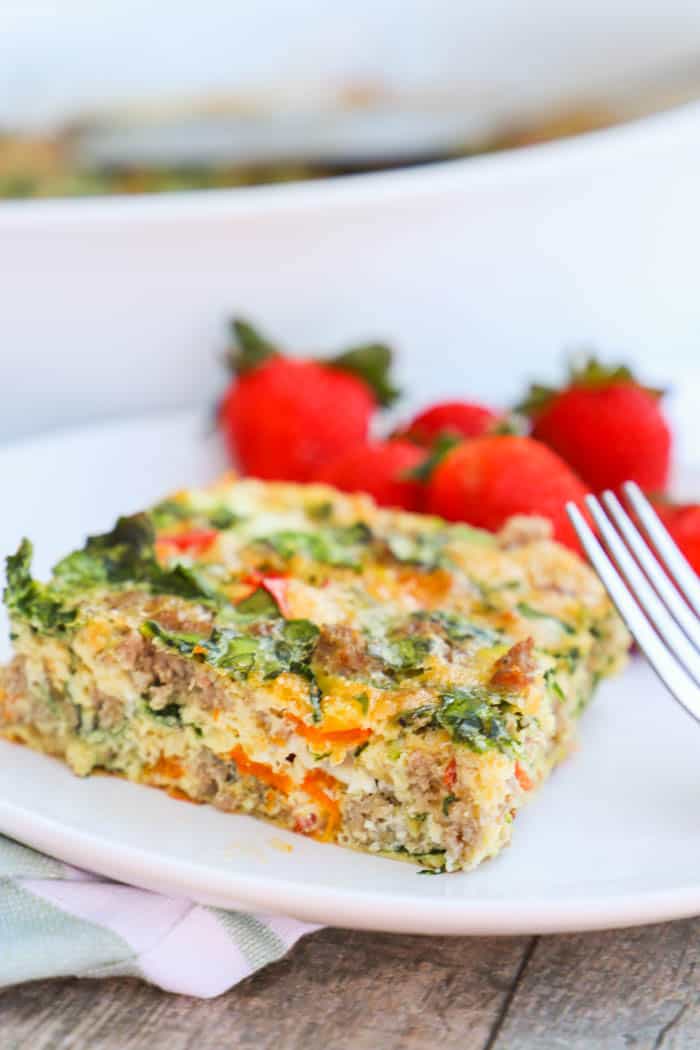 Make Ahead Low Carb Breakfast Casserole on a white plate with a fork