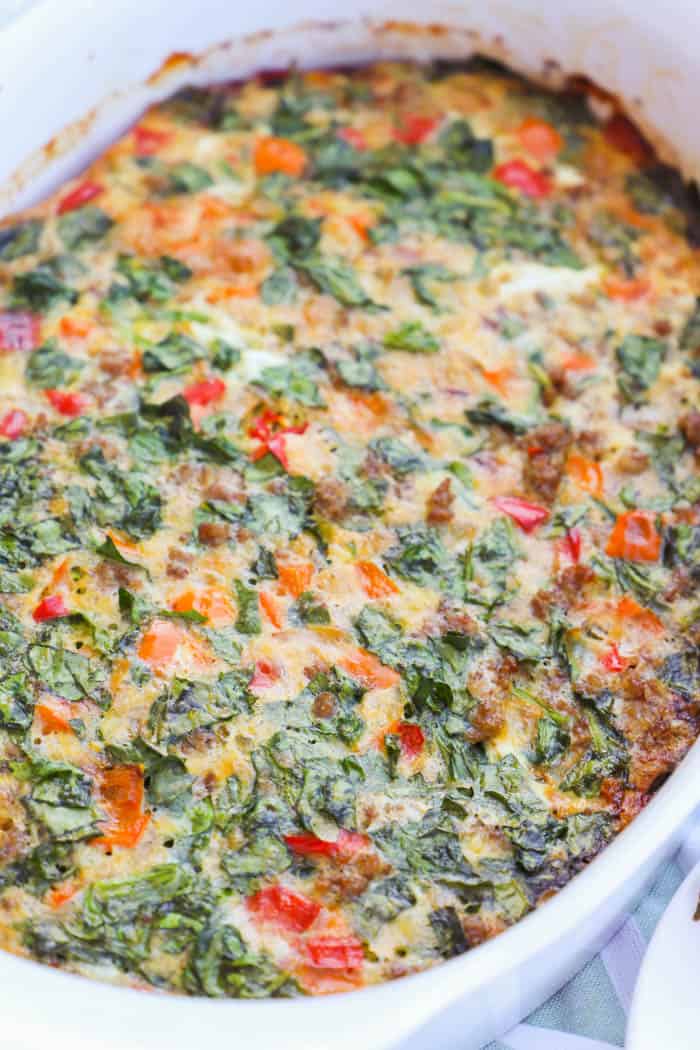 Make Ahead Low Carb Breakfast Casserole in a white casserole dish