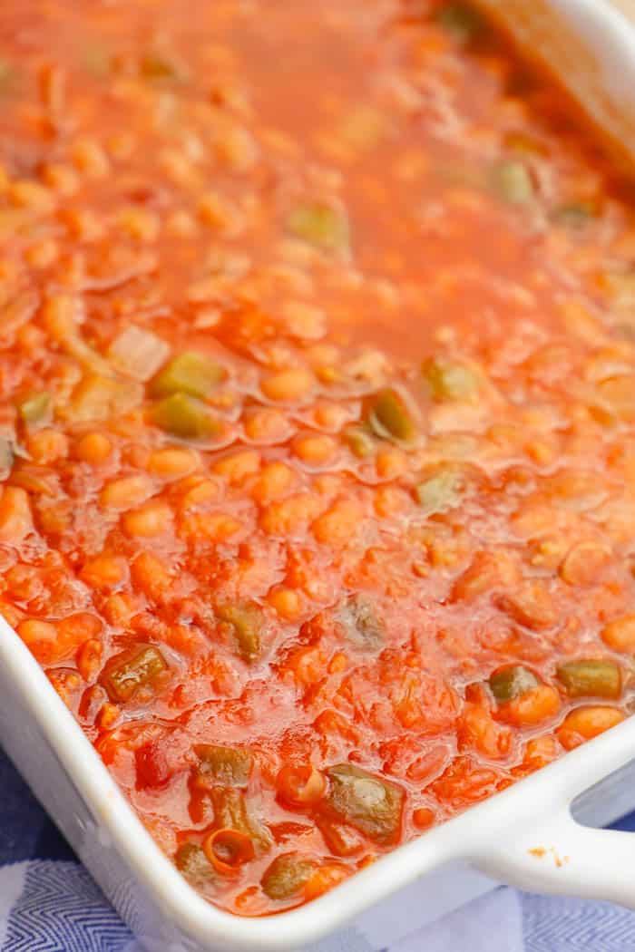 Brown Sugar Baked Beans in a white casserole dish