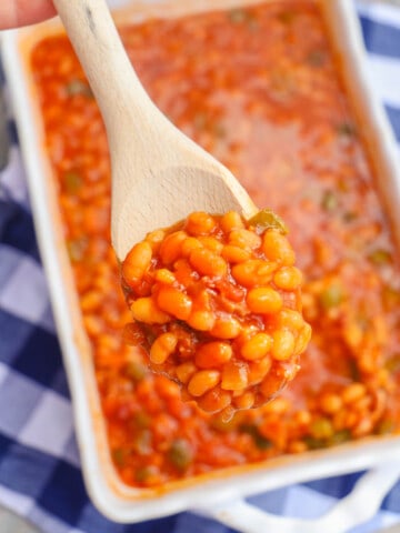 Brown Sugar Baked Beans on a wooden spoon