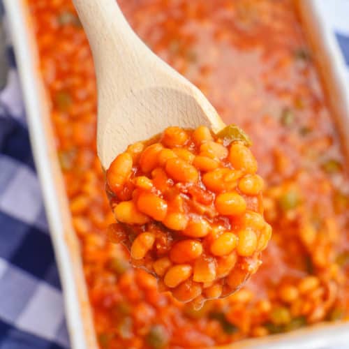 Brown Sugar Baked Beans on a wooden spoon