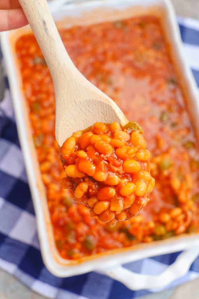 Brown Sugar Baked Beans on a wooden spoon