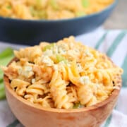 Buffalo Chicken Pasta Salad in a wooden bowl