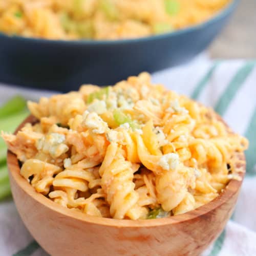 Buffalo Chicken Pasta Salad in a wooden bowl