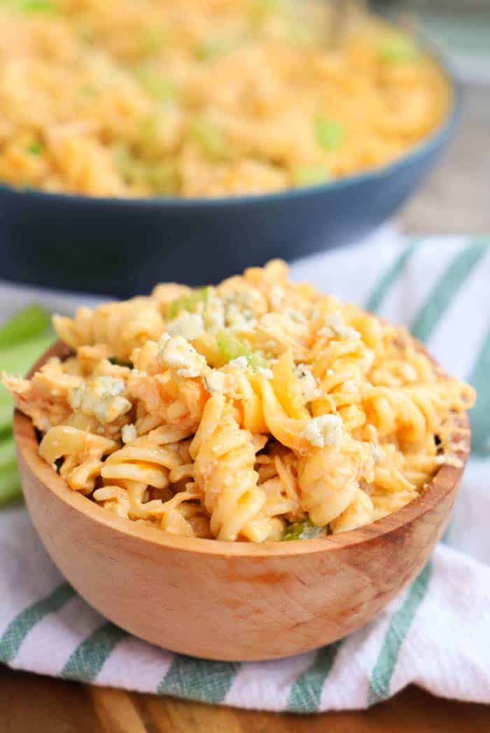 Buffalo Chicken Pasta Salad in a wooden bowl